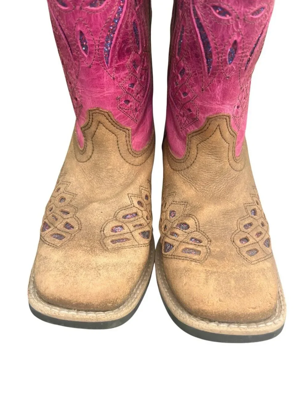 Shyanne Girls 3 Chloe pink glitter brown square toe western cowgirl boots